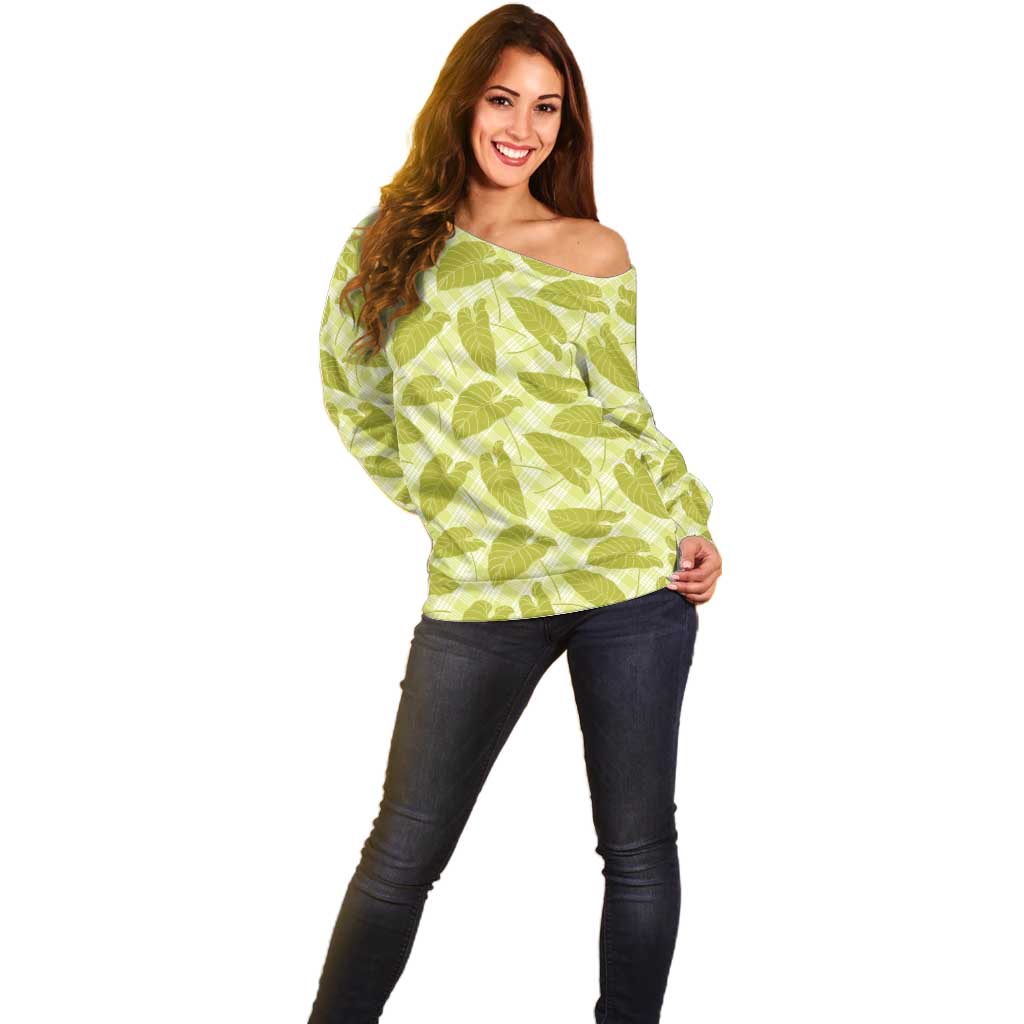 Lime Green Hawaii Kalo Palaka Motifs Off Shoulder Sweater Hawaiian Taro Leaves Elegant Vibes LT14 - Polynesian Pride