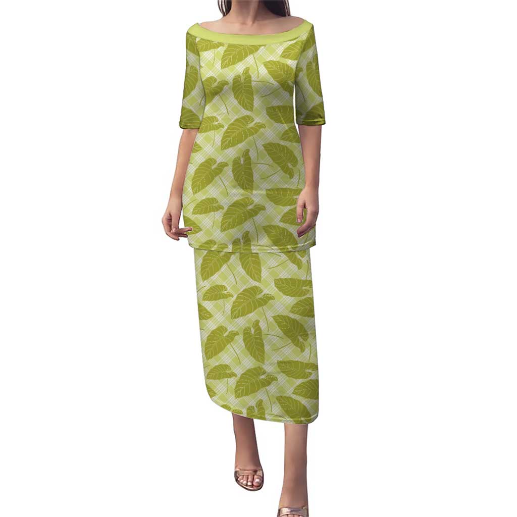 Lime Green Hawaii Kalo Palaka Motifs Puletasi Hawaiian Taro Leaves Elegant Vibes LT14 Long Dress Lime Green - Polynesian Pride