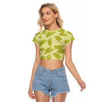 Lime Green Hawaii Kalo Palaka Motifs Raglan Cropped T Shirt Hawaiian Taro Leaves Elegant Vibes LT14 Female Lime Green - Polynesian Pride
