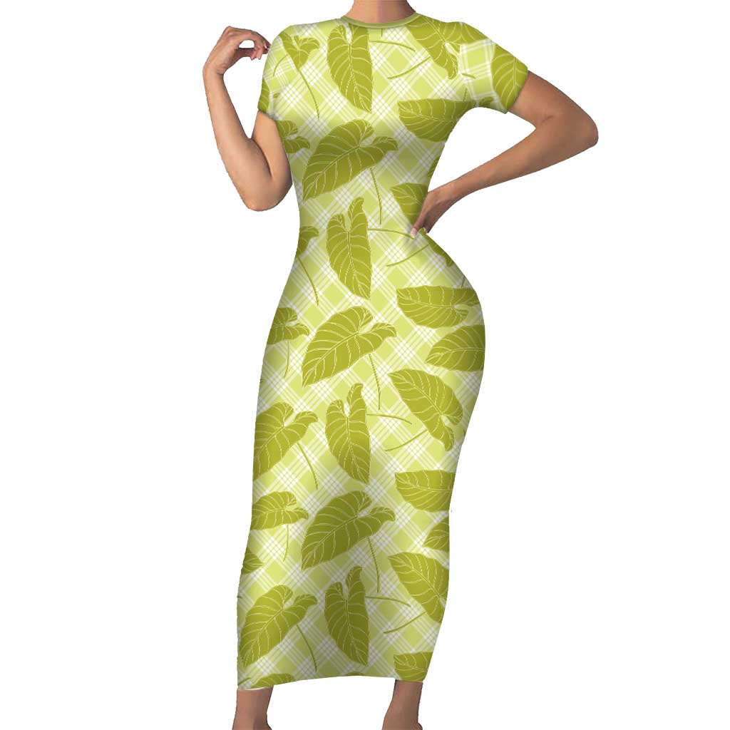 Lime Green Hawaii Kalo Palaka Motifs Short Sleeve Bodycon Dress Hawaiian Taro Leaves Elegant Vibes - Polynesian Pride