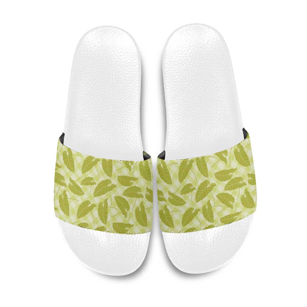 Lime Green Hawaii Kalo Palaka Motifs Slide Sandals Hawaiian Taro Leaves Elegant Vibes LT14 Lime Green - Polynesian Pride