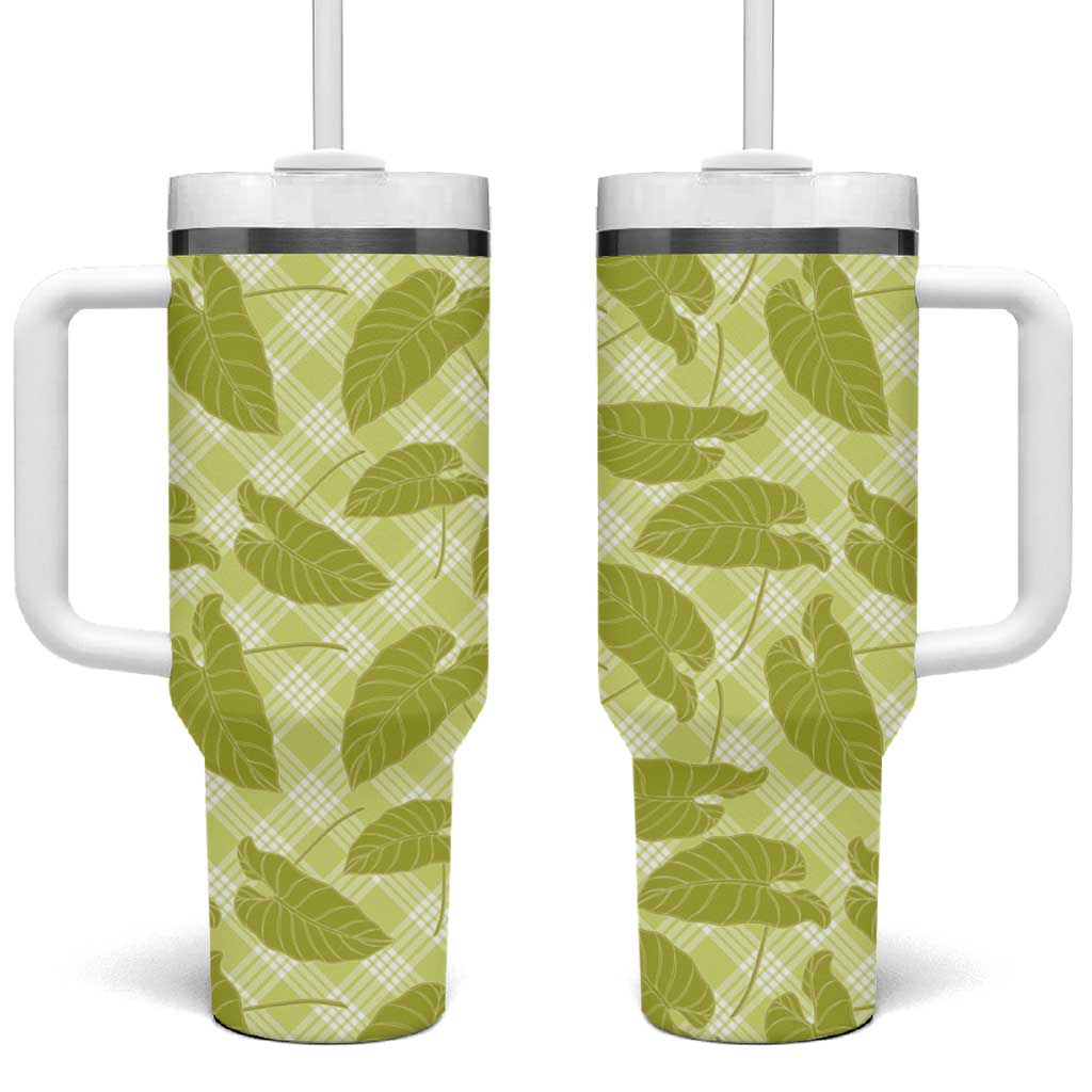 Lime Green Hawaii Kalo Palaka Motifs Tumbler With Handle Hawaiian Taro Leaves Elegant Vibes LT14 One Size: 40 oz Lime Green - Polynesian Pride