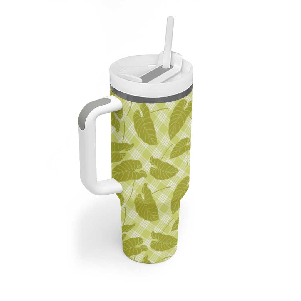 Lime Green Hawaii Kalo Palaka Motifs Tumbler With Handle Hawaiian Taro Leaves Elegant Vibes LT14 - Polynesian Pride