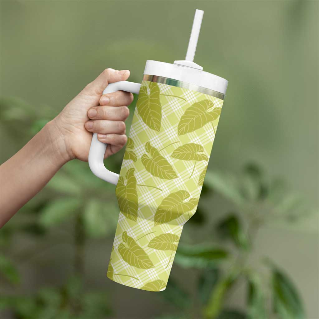 Lime Green Hawaii Kalo Palaka Motifs Tumbler With Handle Hawaiian Taro Leaves Elegant Vibes LT14 - Polynesian Pride