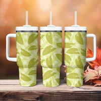 Lime Green Hawaii Kalo Palaka Motifs Tumbler With Handle Hawaiian Taro Leaves Elegant Vibes LT14 - Polynesian Pride