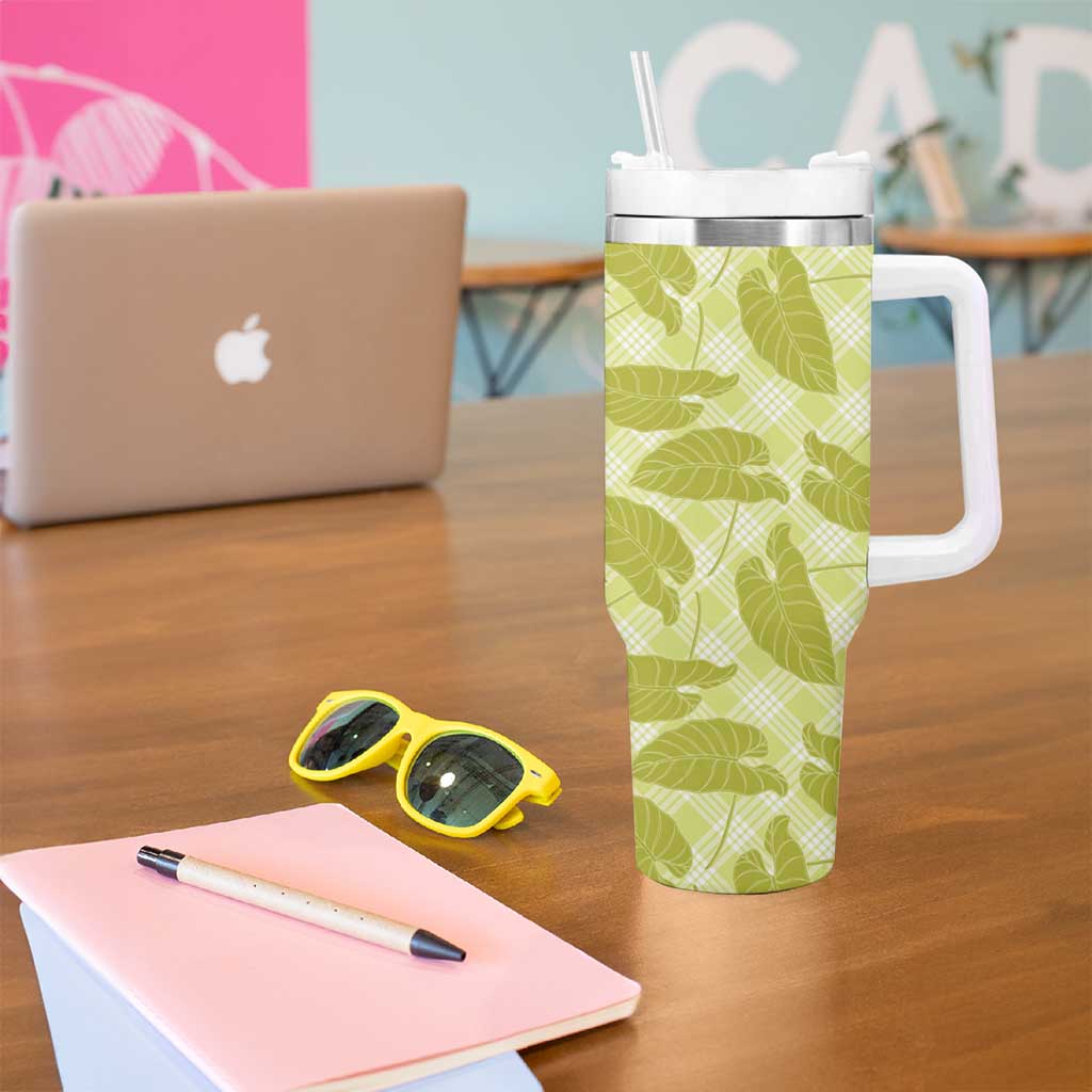 Lime Green Hawaii Kalo Palaka Motifs Tumbler With Handle Hawaiian Taro Leaves Elegant Vibes LT14 - Polynesian Pride