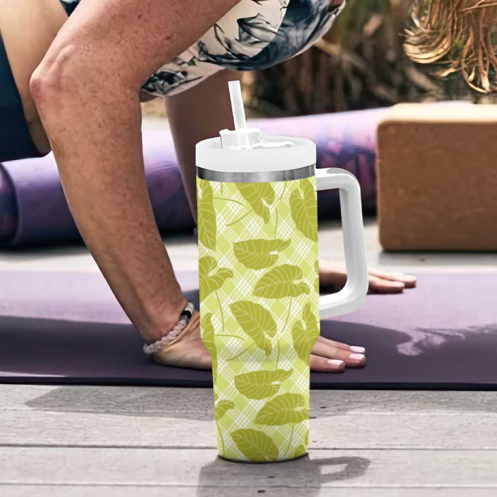 Lime Green Hawaii Kalo Palaka Motifs Tumbler With Handle Hawaiian Taro Leaves Elegant Vibes LT14 - Polynesian Pride