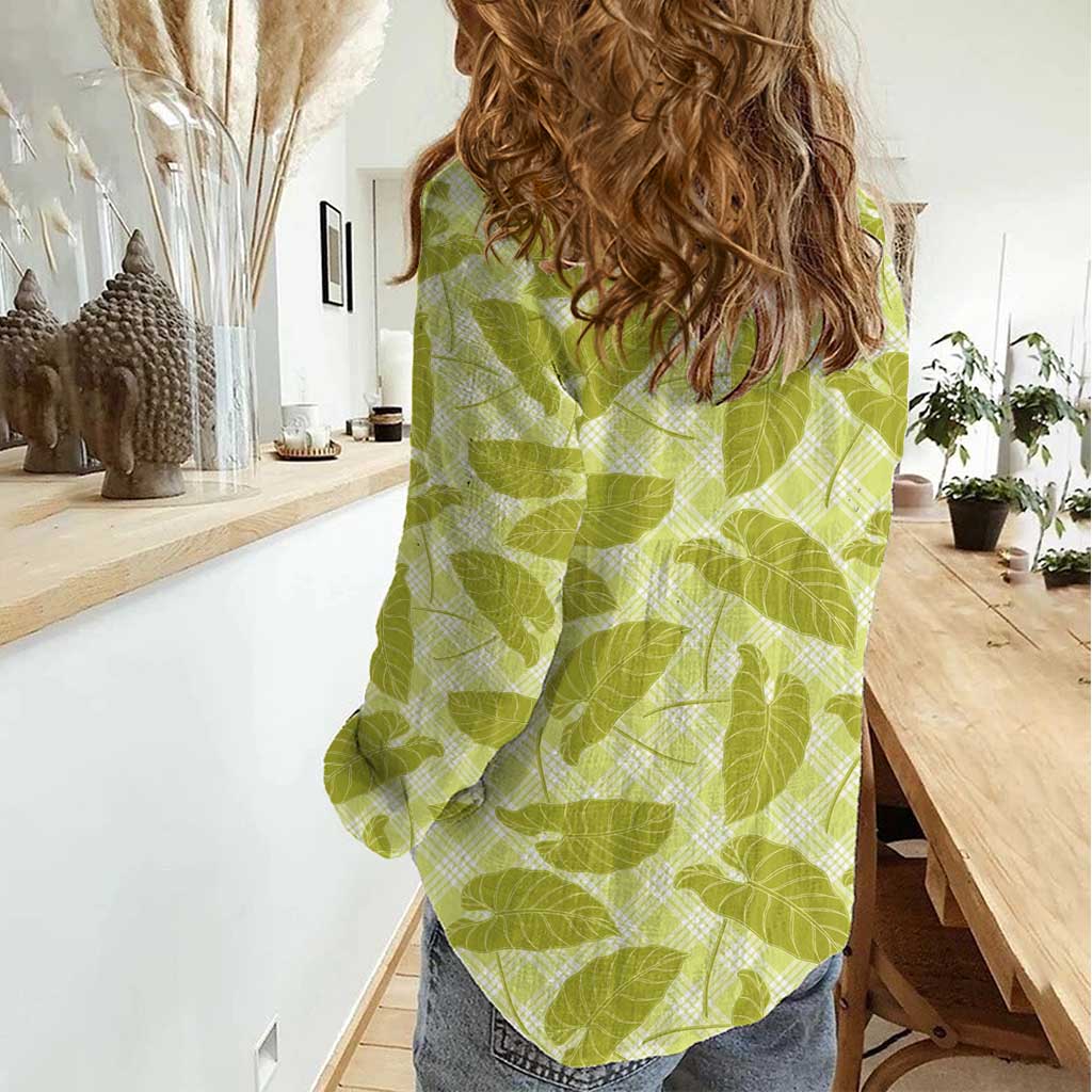 Lime Green Hawaii Kalo Palaka Women Casual Shirt - Hawaiian Taro Leaves Elegant Vibes LT14 - Polynesian Pride