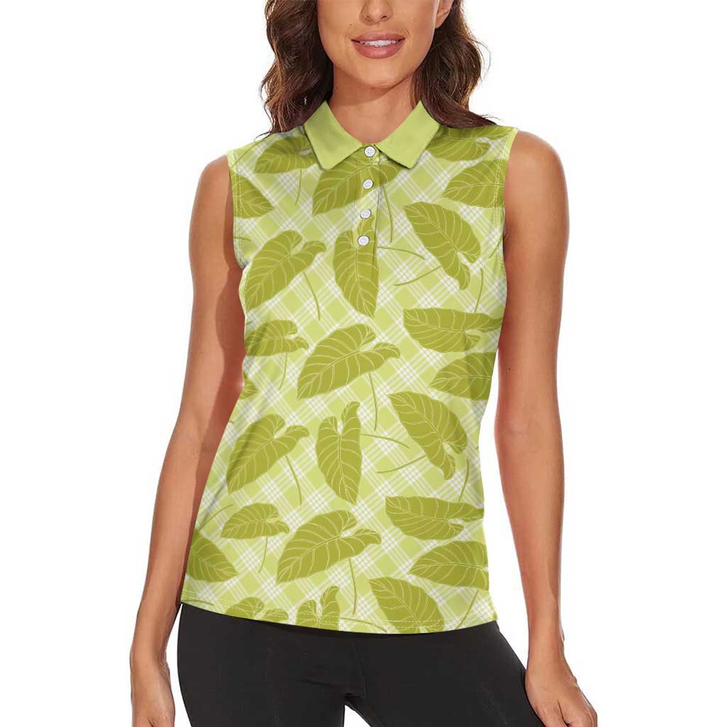 Lime Green Hawaii Kalo Palaka Motifs Women Sleeveless Polo Shirt Hawaiian Taro Leaves Elegant Vibes LT14 - Polynesian Pride
