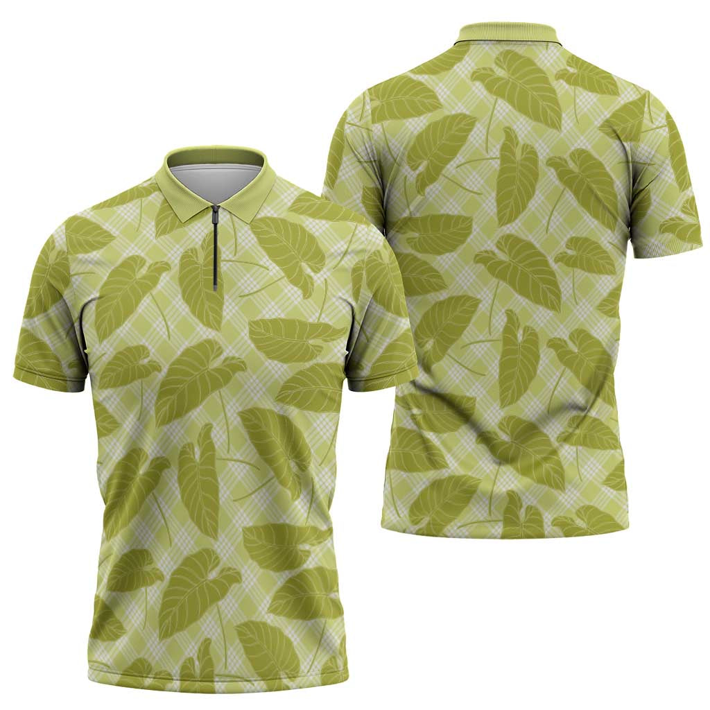 Lime Green Hawaii Kalo Palaka Motifs Zipper Polo Shirt Hawaiian Taro Leaves Elegant Vibes LT14 - Polynesian Pride