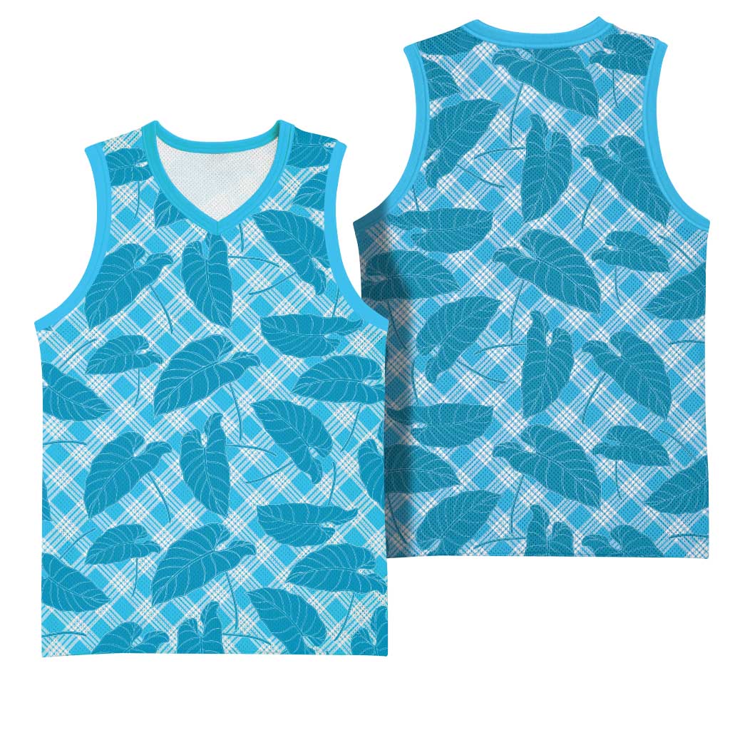 Blue Hawaii Kalo Palaka Motifs Basketball Jersey Hawaiian Taro Leaves Elegant Vibes LT14 - Polynesian Pride