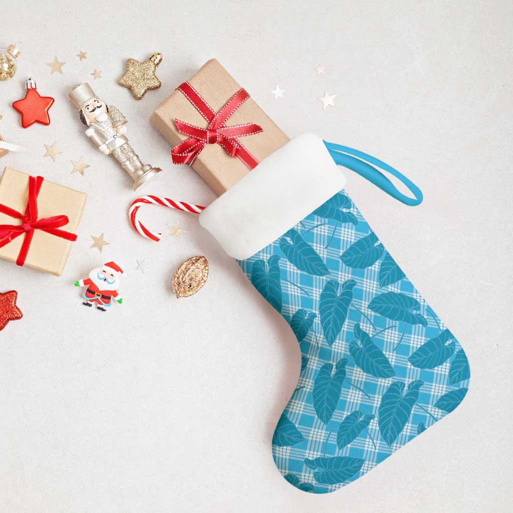 Blue Hawaii Kalo Palaka Motifs Christmas Stocking Hawaiian Taro Leaves Elegant Vibes - Polynesian Pride