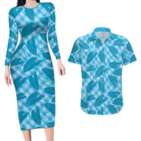 Blue Hawaii Kalo Palaka Motifs Couples Matching Long Sleeve Bodycon Dress and Hawaiian Shirt Hawaiian Taro Leaves Elegant Vibes LT14 Blue - Polynesian Pride