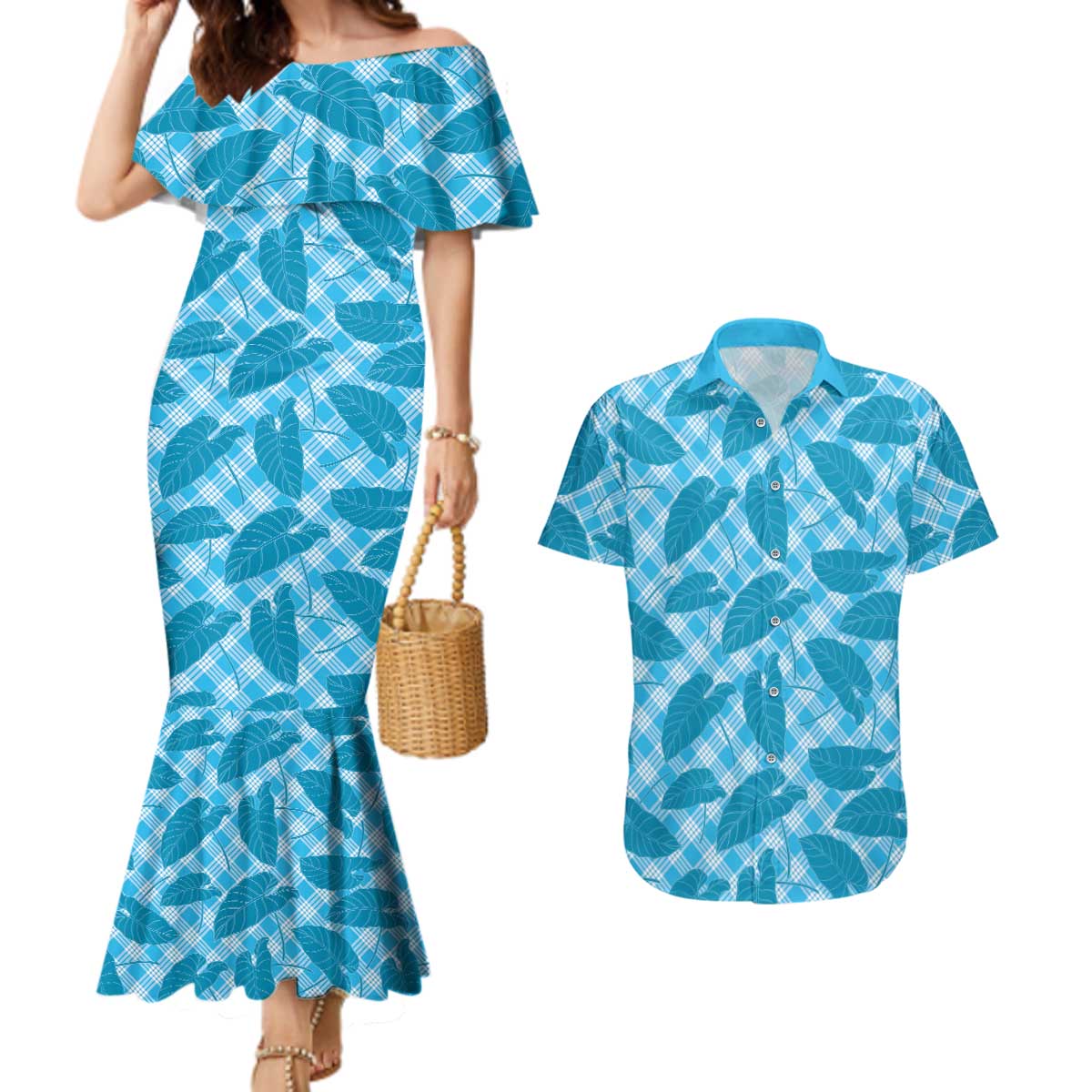 Blue Hawaii Kalo Palaka Motifs Couples Matching Mermaid Dress and Hawaiian Shirt Hawaiian Taro Leaves Elegant Vibes LT14 Blue - Polynesian Pride