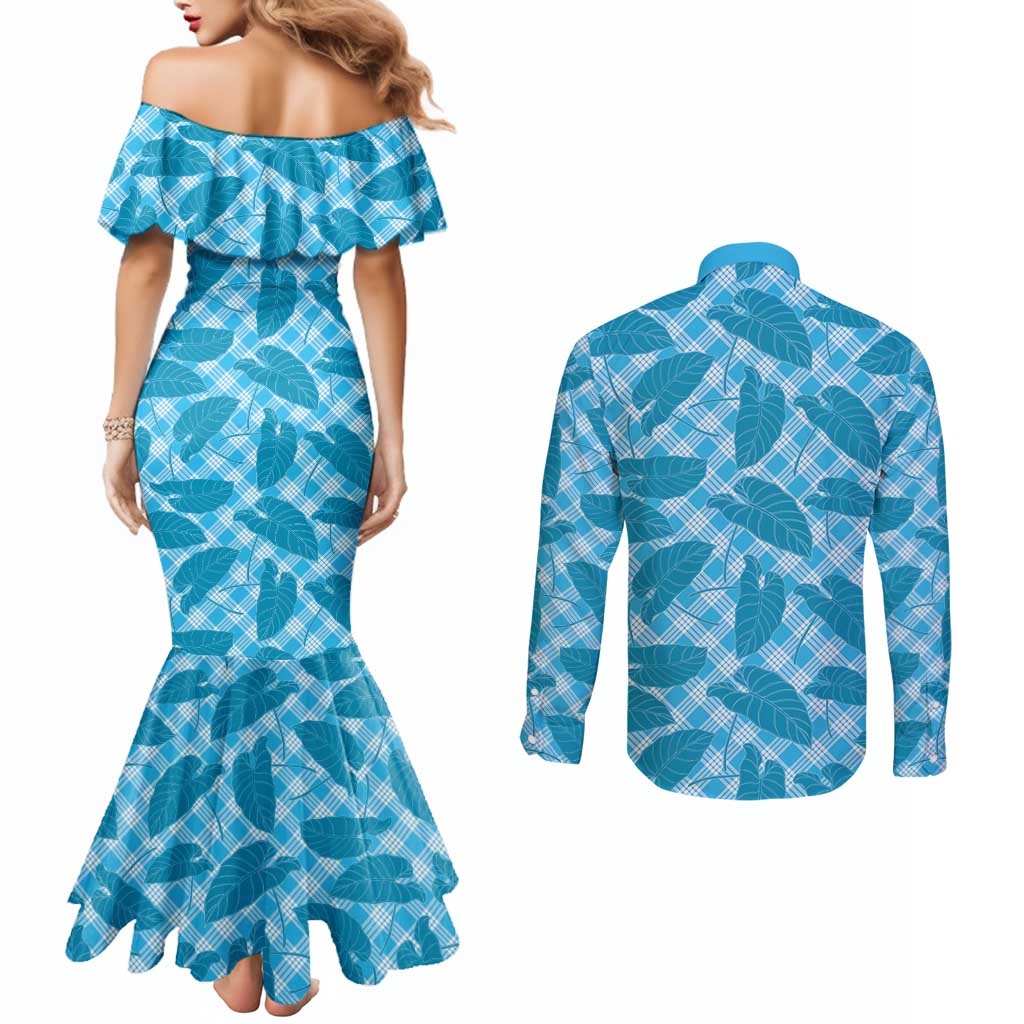 Blue Hawaii Kalo Palaka Motifs Couples Matching Mermaid Dress and Long Sleeve Button Shirt Hawaiian Taro Leaves Elegant Vibes LT14 - Polynesian Pride