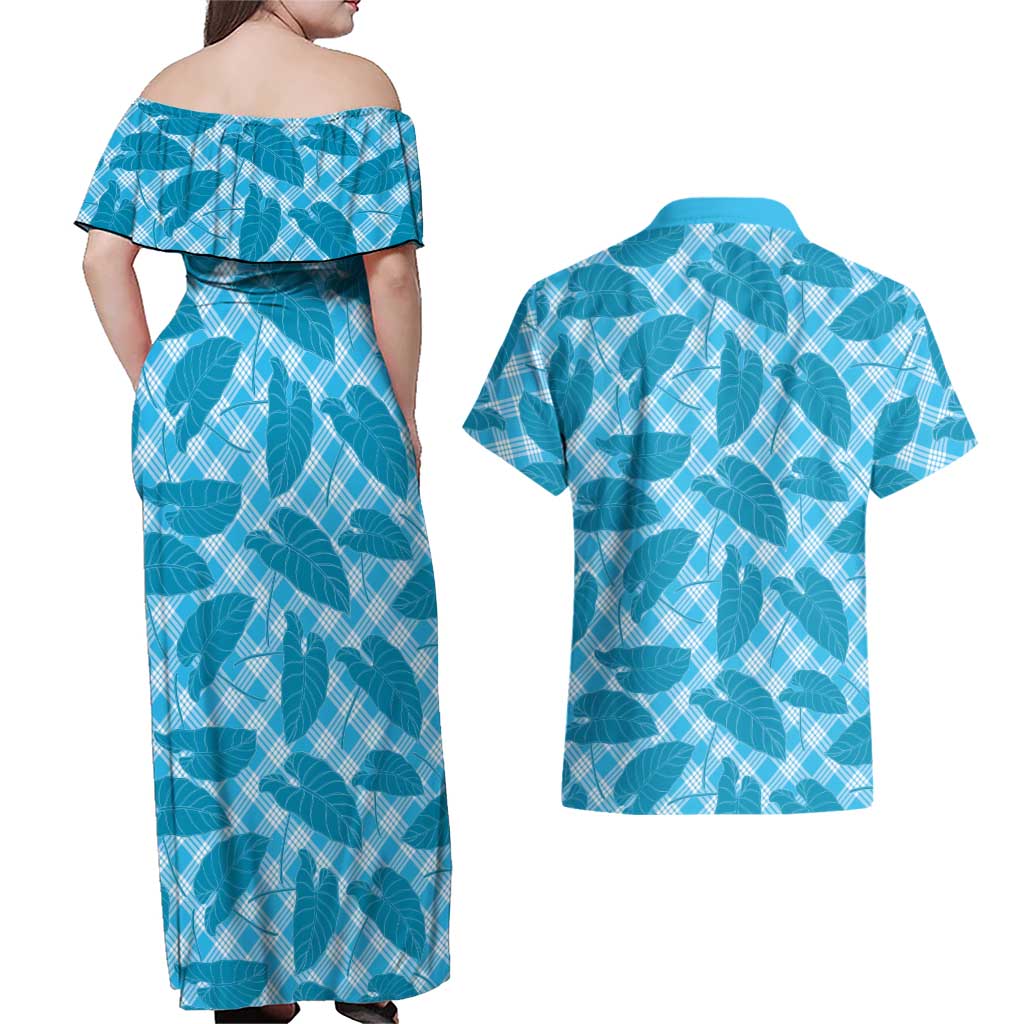 Blue Hawaii Kalo Palaka Motifs Couples Matching Off Shoulder Maxi Dress and Hawaiian Shirt Hawaiian Taro Leaves Elegant Vibes LT14 - Polynesian Pride