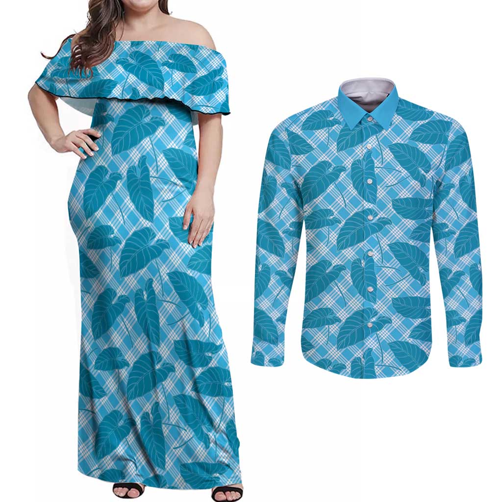 Blue Hawaii Kalo Palaka Motifs Couples Matching Off Shoulder Maxi Dress and Long Sleeve Button Shirt Hawaiian Taro Leaves Elegant Vibes LT14 Blue - Polynesian Pride