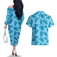 Blue Hawaii Kalo Palaka Motifs Couples Matching Off The Shoulder Long Sleeve Dress and Hawaiian Shirt Hawaiian Taro Leaves Elegant Vibes LT14 - Polynesian Pride