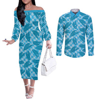 Blue Hawaii Kalo Palaka Motifs Couples Matching Off The Shoulder Long Sleeve Dress and Long Sleeve Button Shirt Hawaiian Taro Leaves Elegant Vibes LT14 Blue - Polynesian Pride