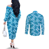 Blue Hawaii Kalo Palaka Motifs Couples Matching Off The Shoulder Long Sleeve Dress and Long Sleeve Button Shirt Hawaiian Taro Leaves Elegant Vibes LT14 - Polynesian Pride