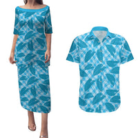 Blue Hawaii Kalo Palaka Motifs Couples Matching Puletasi and Hawaiian Shirt Hawaiian Taro Leaves Elegant Vibes LT14 Blue - Polynesian Pride