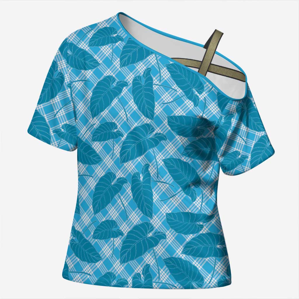Blue Hawaii Kalo Palaka Motifs Cross Shoulder Shirt Hawaiian Taro Leaves Elegant Vibes LT14 Female Blue - Polynesian Pride