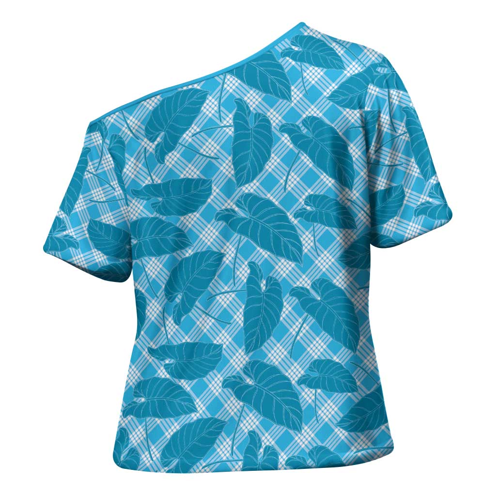 Blue Hawaii Kalo Palaka Motifs Cross Shoulder Shirt Hawaiian Taro Leaves Elegant Vibes LT14 - Polynesian Pride