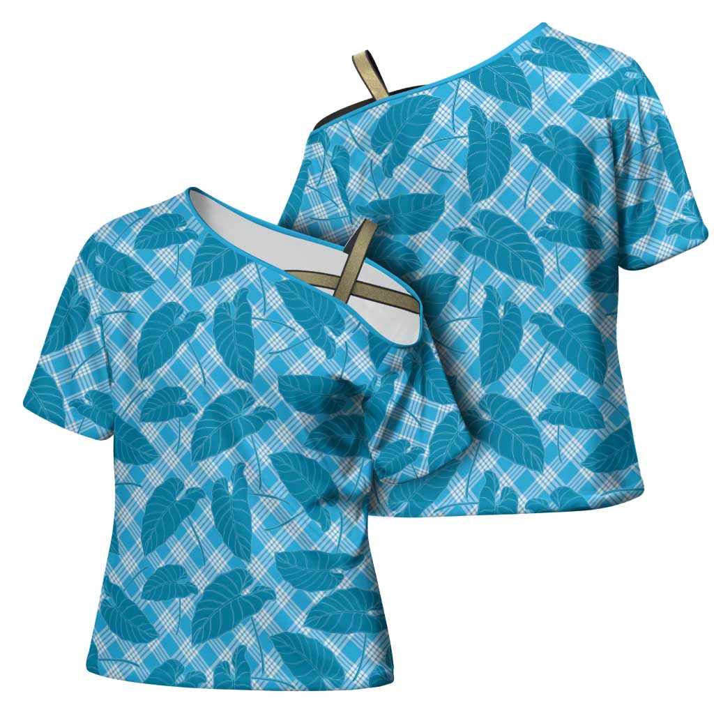 Blue Hawaii Kalo Palaka Motifs Cross Shoulder Shirt Hawaiian Taro Leaves Elegant Vibes LT14 - Polynesian Pride