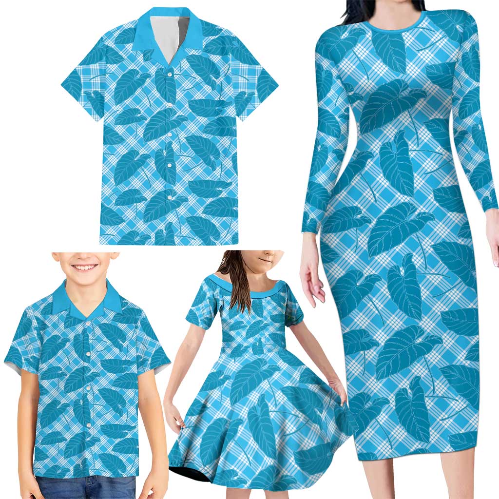 Blue Hawaii Kalo Palaka Motifs Family Matching Long Sleeve Bodycon Dress and Hawaiian Shirt Hawaiian Taro Leaves Elegant Vibes LT14 - Polynesian Pride