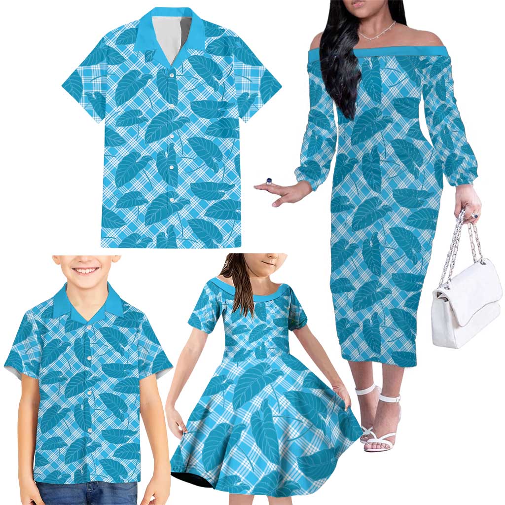 Blue Hawaii Kalo Palaka Motifs Family Matching Off The Shoulder Long Sleeve Dress and Hawaiian Shirt Hawaiian Taro Leaves Elegant Vibes - Polynesian Pride