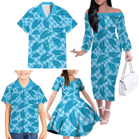 Blue Hawaii Kalo Palaka Motifs Family Matching Off The Shoulder Long Sleeve Dress and Hawaiian Shirt Hawaiian Taro Leaves Elegant Vibes LT14 - Polynesian Pride