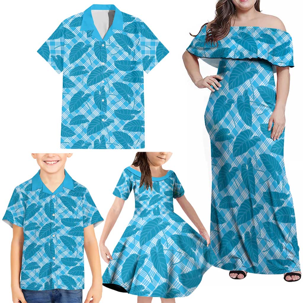 Blue Hawaii Kalo Palaka Motifs Family Matching Off Shoulder Maxi Dress and Hawaiian Shirt Hawaiian Taro Leaves Elegant Vibes LT14 - Polynesian Pride