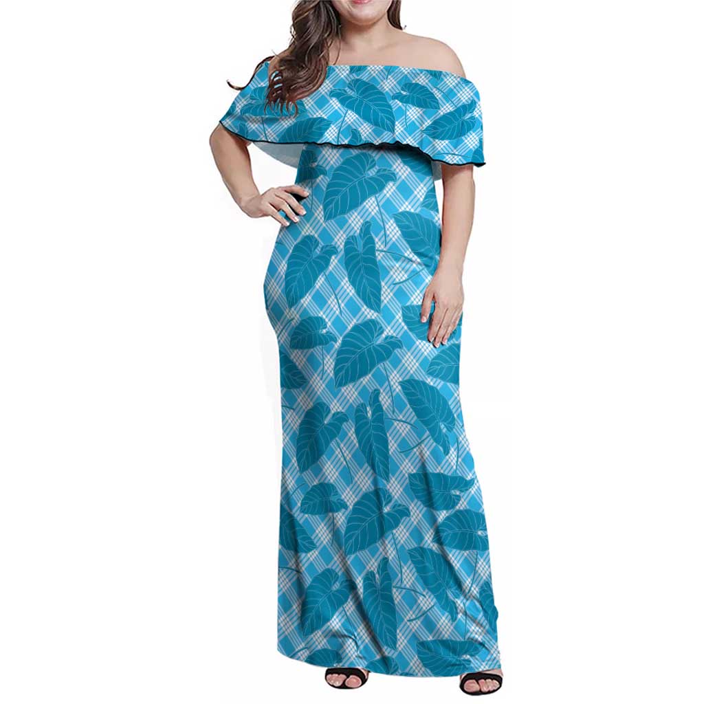 Blue Hawaii Kalo Palaka Motifs Family Matching Off Shoulder Maxi Dress and Hawaiian Shirt Hawaiian Taro Leaves Elegant Vibes LT14 Mom's Dress Blue - Polynesian Pride