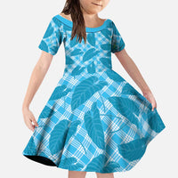 Blue Hawaii Kalo Palaka Motifs Family Matching Off Shoulder Short Dress and Hawaiian Shirt Hawaiian Taro Leaves Elegant Vibes LT14 Daughter's Dress Blue - Polynesian Pride