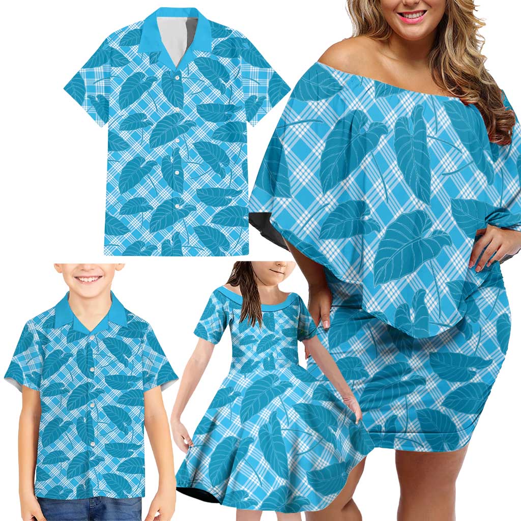 Blue Hawaii Kalo Palaka Motifs Family Matching Off Shoulder Short Dress and Hawaiian Shirt Hawaiian Taro Leaves Elegant Vibes LT14 - Polynesian Pride