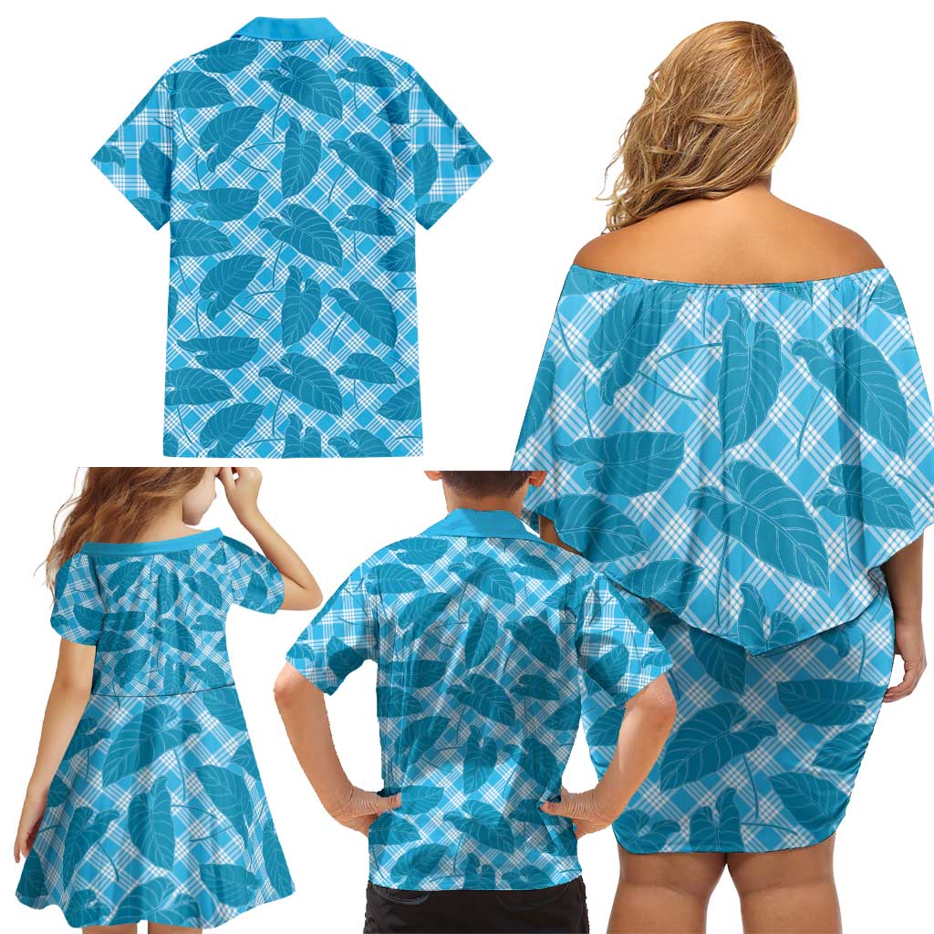Blue Hawaii Kalo Palaka Motifs Family Matching Off Shoulder Short Dress and Hawaiian Shirt Hawaiian Taro Leaves Elegant Vibes LT14 - Polynesian Pride