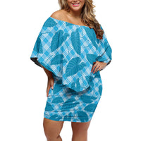 Blue Hawaii Kalo Palaka Motifs Family Matching Off Shoulder Short Dress and Hawaiian Shirt Hawaiian Taro Leaves Elegant Vibes LT14 Mom's Dress Blue - Polynesian Pride