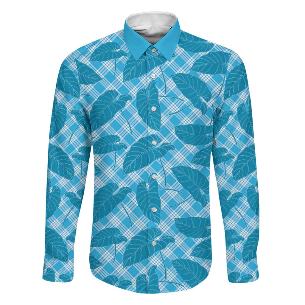 Blue Hawaii Kalo Palaka Motifs Family Matching Puletasi and Hawaiian Shirt Hawaiian Taro Leaves Elegant Vibes LT14 Dad's Shirt - Long Sleeve Blue - Polynesian Pride