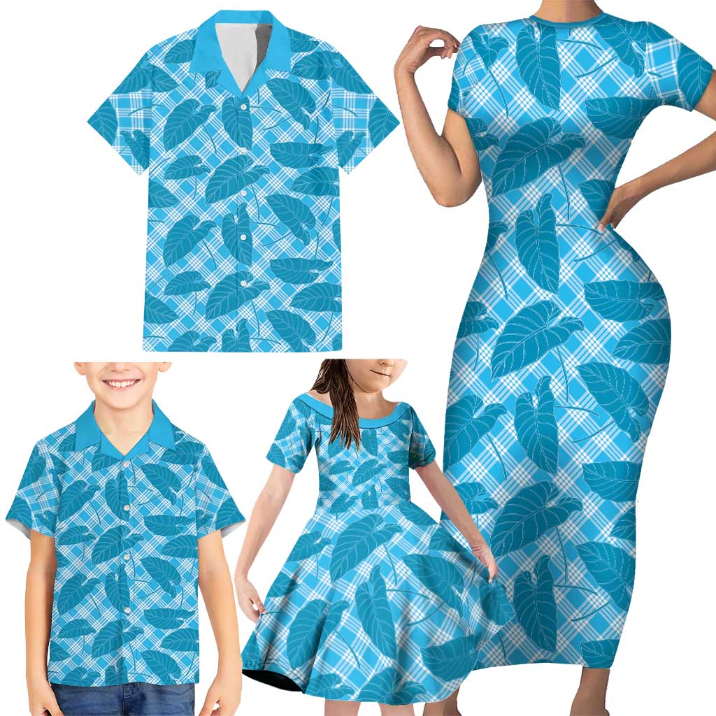 Blue Hawaii Kalo Palaka Motifs Family Matching Short Sleeve Bodycon Dress and Hawaiian Shirt Hawaiian Taro Leaves Elegant Vibes LT14 - Polynesian Pride