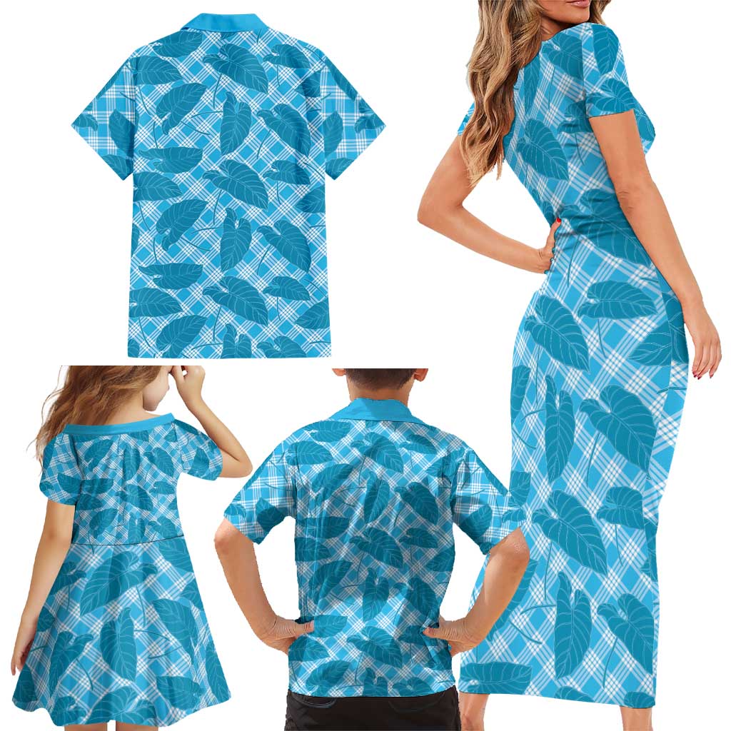 Blue Hawaii Kalo Palaka Motifs Family Matching Short Sleeve Bodycon Dress and Hawaiian Shirt Hawaiian Taro Leaves Elegant Vibes LT14 - Polynesian Pride