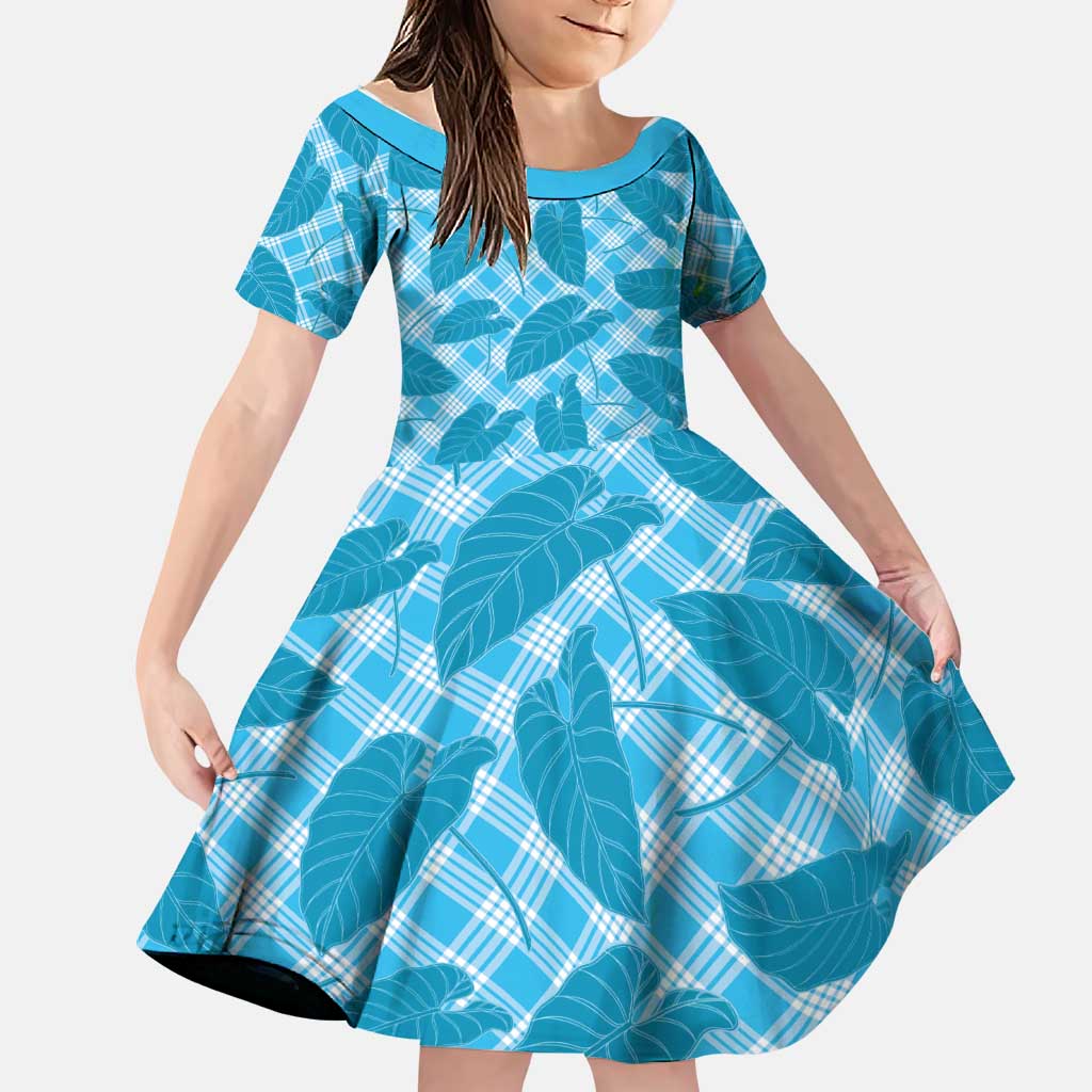 Blue Hawaii Kalo Palaka Motifs Family Matching Tank Maxi Dress and Hawaiian Shirt Hawaiian Taro Leaves Elegant Vibes LT14 Daughter's Dress Blue - Polynesian Pride