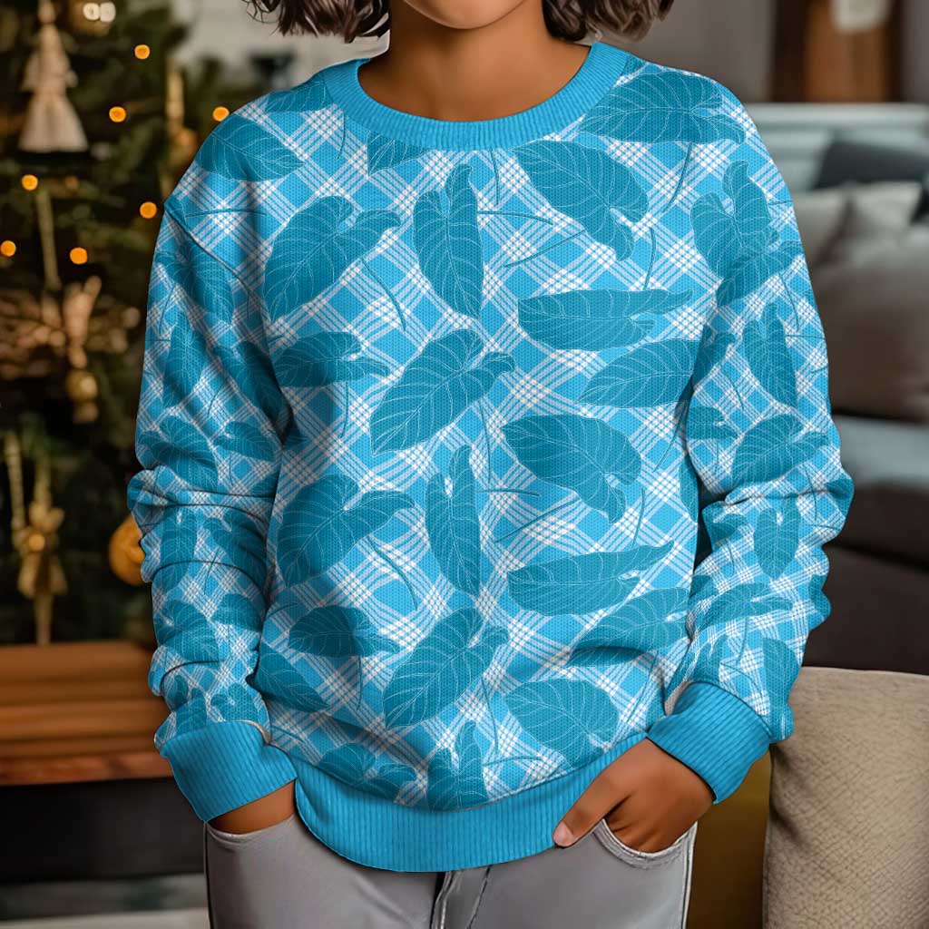 Blue Hawaii Kalo Palaka Motifs Kid Ugly Christmas Sweater Hawaiian Taro Leaves Elegant Vibes LT14 - Polynesian Pride