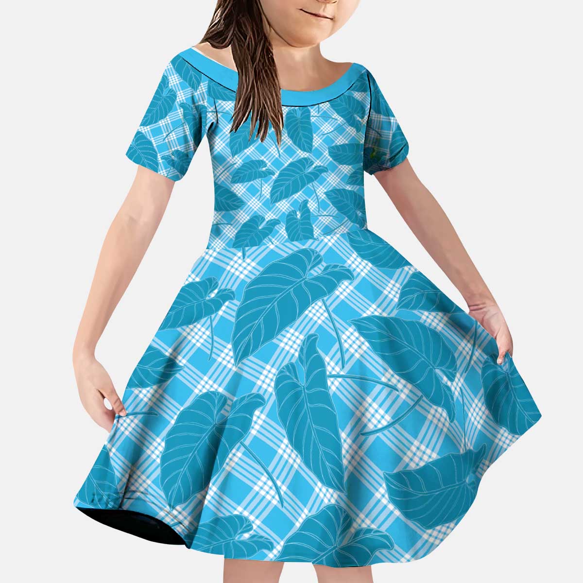 Blue Hawaii Kalo Palaka Motifs Kid Short Sleeve Dress Hawaiian Taro Leaves Elegant Vibes LT14 KID Blue - Polynesian Pride