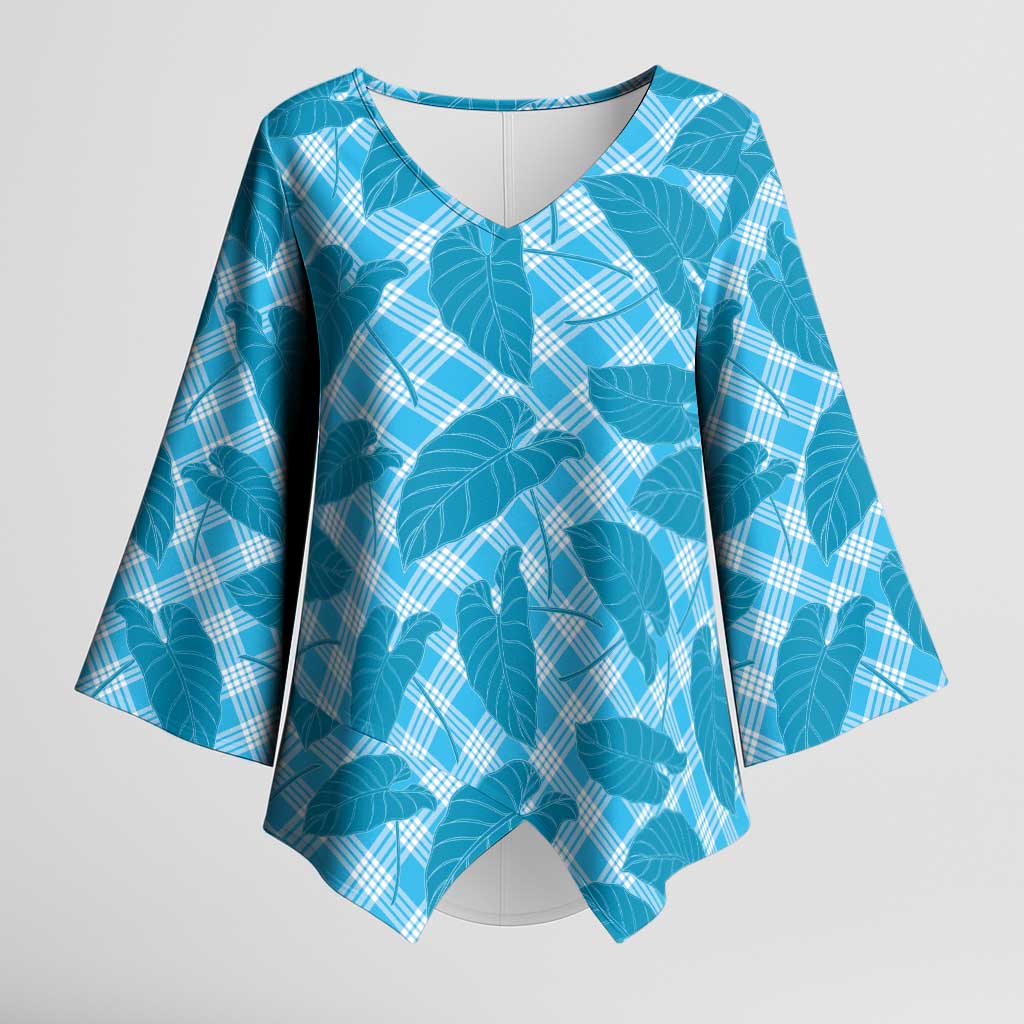 Blue Hawaii Kalo Palaka Motifs Kimono Sleeve Blouse Hawaiian Taro Leaves Elegant Vibes LT14 Female Blue - Polynesian Pride