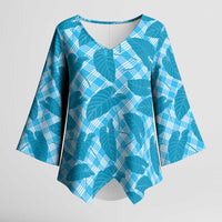 Blue Hawaii Kalo Palaka Motifs Kimono Sleeve Blouse Hawaiian Taro Leaves Elegant Vibes LT14 Female Blue - Polynesian Pride