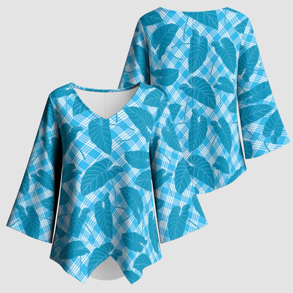Blue Hawaii Kalo Palaka Motifs Kimono Sleeve Blouse Hawaiian Taro Leaves Elegant Vibes LT14 - Polynesian Pride