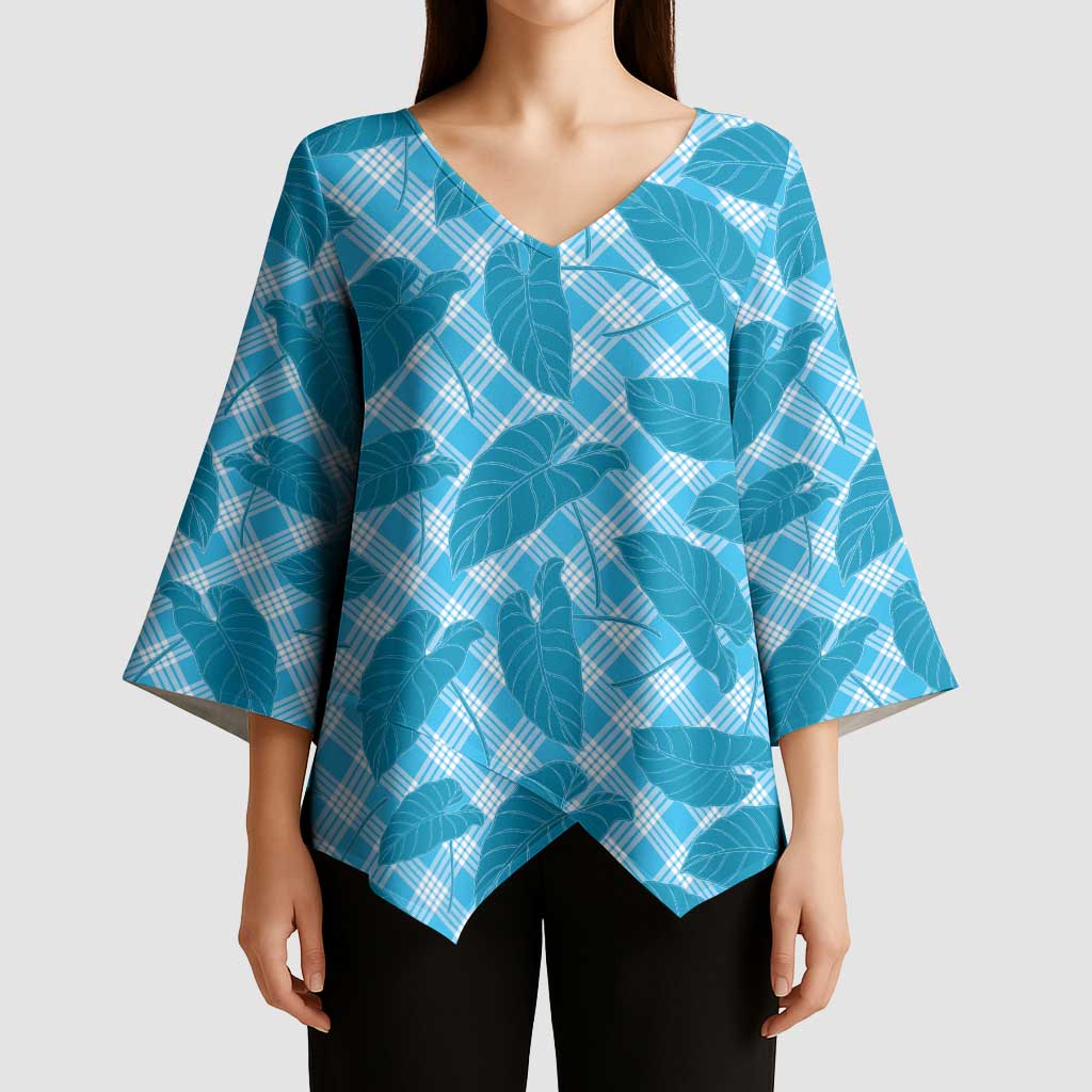 Blue Hawaii Kalo Palaka Motifs Kimono Sleeve Blouse Hawaiian Taro Leaves Elegant Vibes LT14 - Polynesian Pride