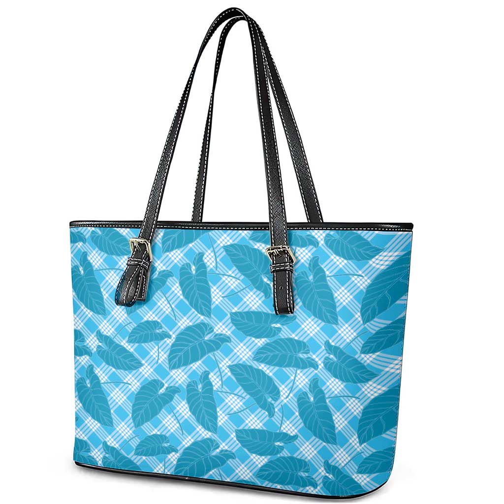 Blue Hawaii Kalo Palaka Motifs Leather Tote Bag Hawaiian Taro Leaves Elegant Vibes LT14 - Polynesian Pride