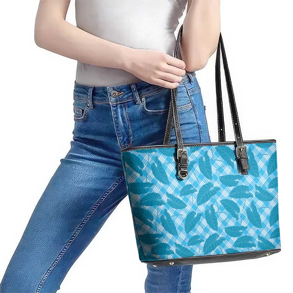 Blue Hawaii Kalo Palaka Motifs Leather Tote Bag Hawaiian Taro Leaves Elegant Vibes LT14 - Polynesian Pride
