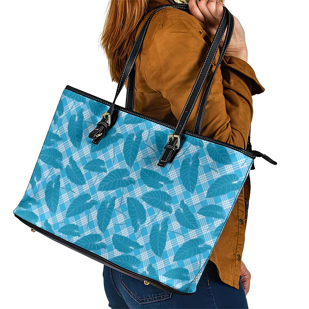 Blue Hawaii Kalo Palaka Motifs Leather Tote Bag Hawaiian Taro Leaves Elegant Vibes LT14 - Polynesian Pride